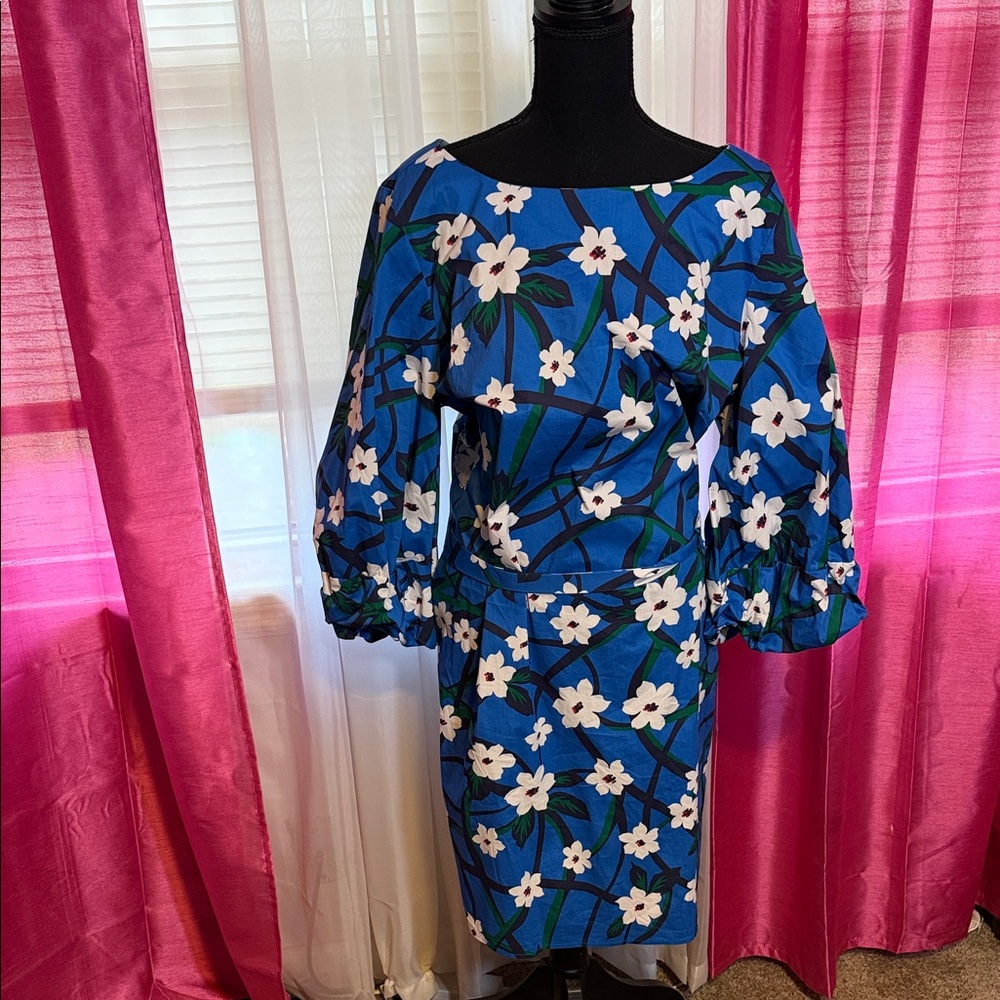 NWT Eloquii Puff Sleeve Draper James Blue Floral Long Sleeve Dress Size 16